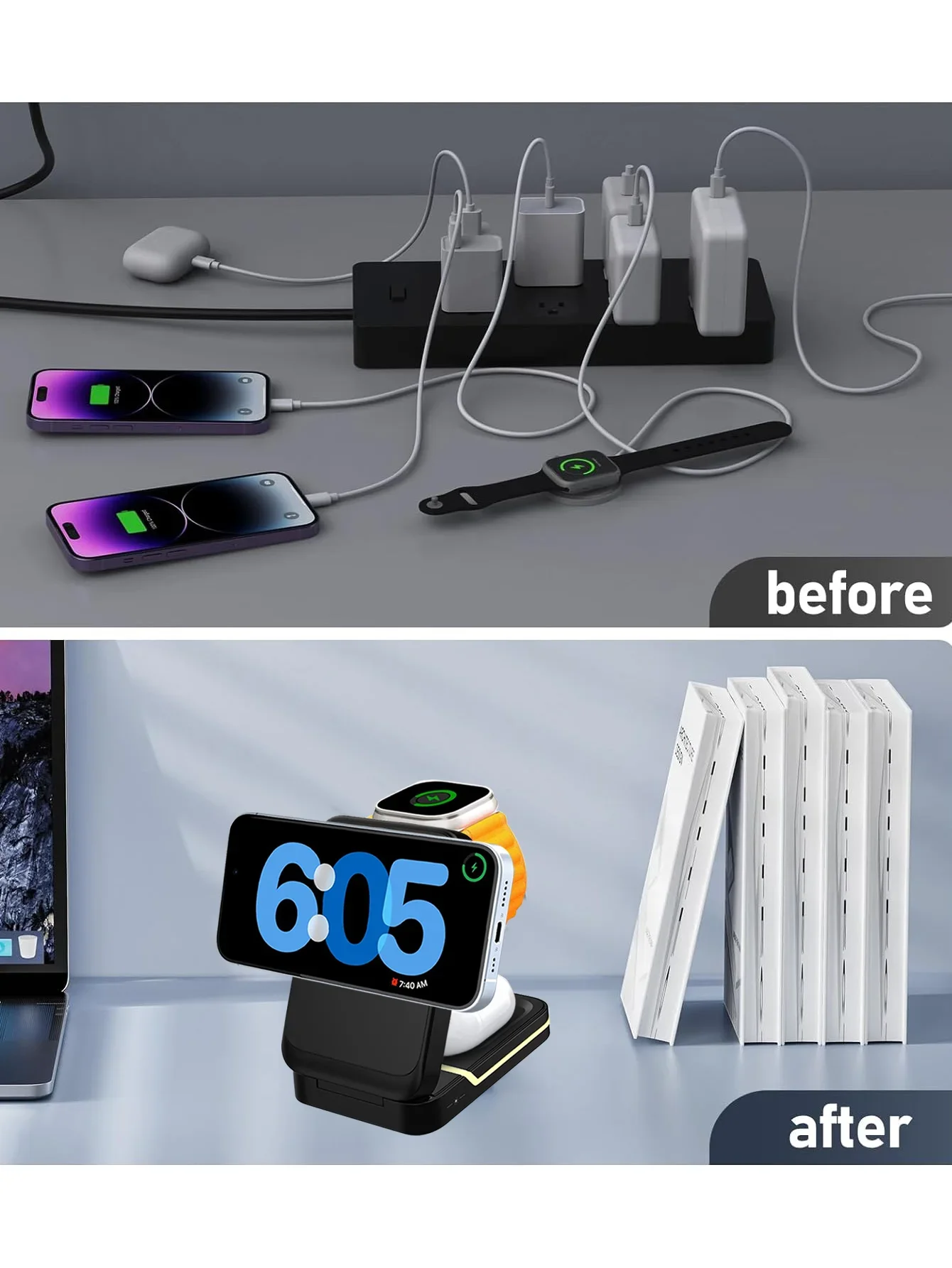 محطة شحن لاسلكية 3 في 1 لشاحن Apple MagSafe، شاحن سفر مغناطيسي قابل للطي لهاتف iPhone Apple Watch AirPods Pro