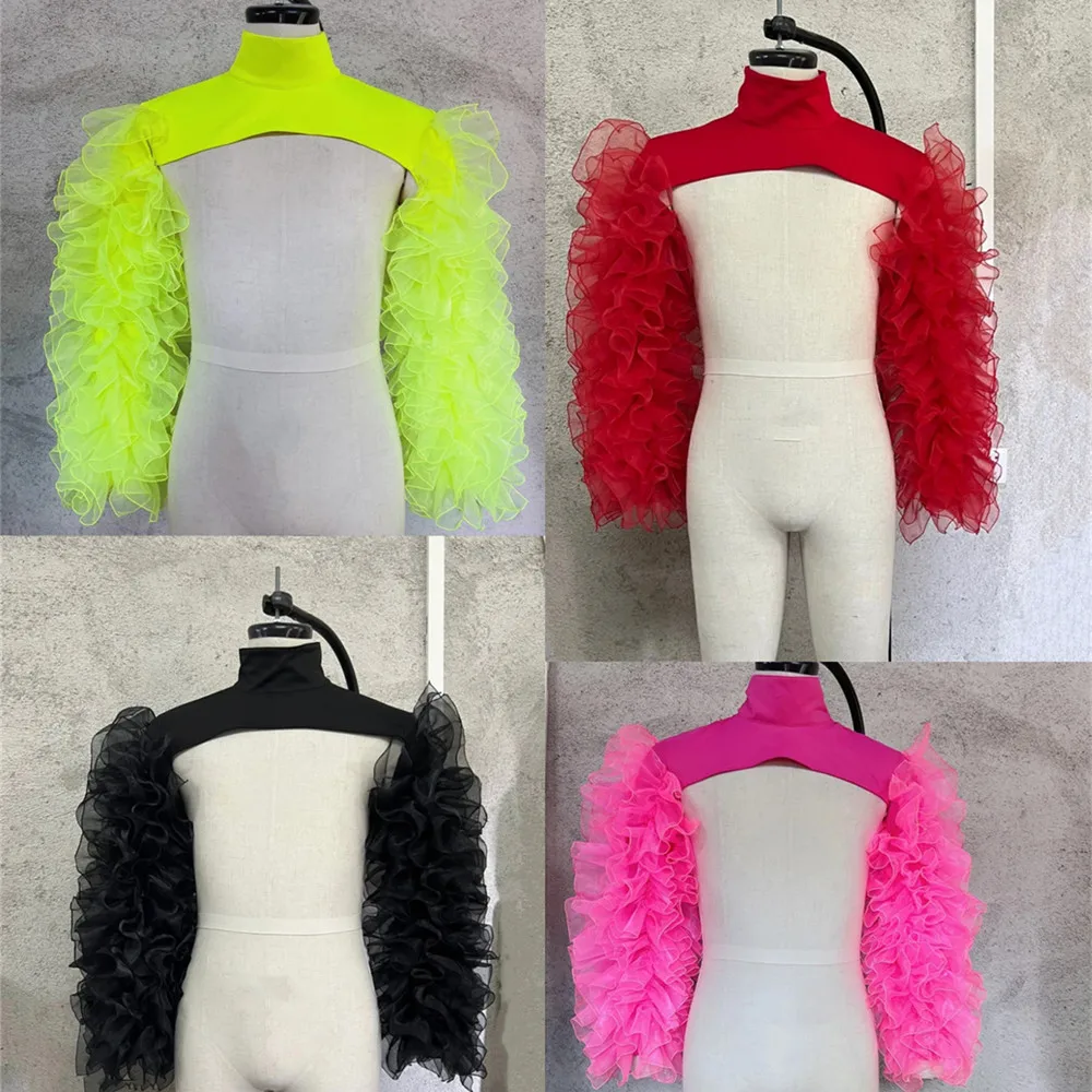 

Red Gauze Shawl Fluorescent Yellow Shoulder Sleeve Women Party Show Festival Clothing Singer Dancer Stage Performance Costume