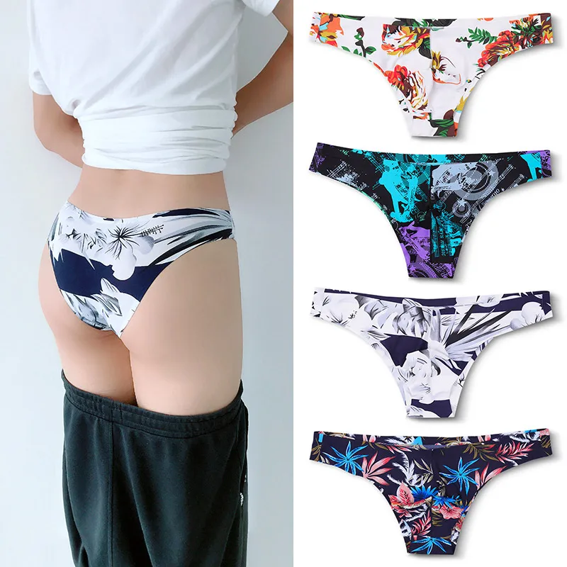 2pcs Men Silk Penis Pouch Briefs Soft Printed Underwear Low Waist Thin Underpants Micro Thong Bikini Breathable Seamless Panties