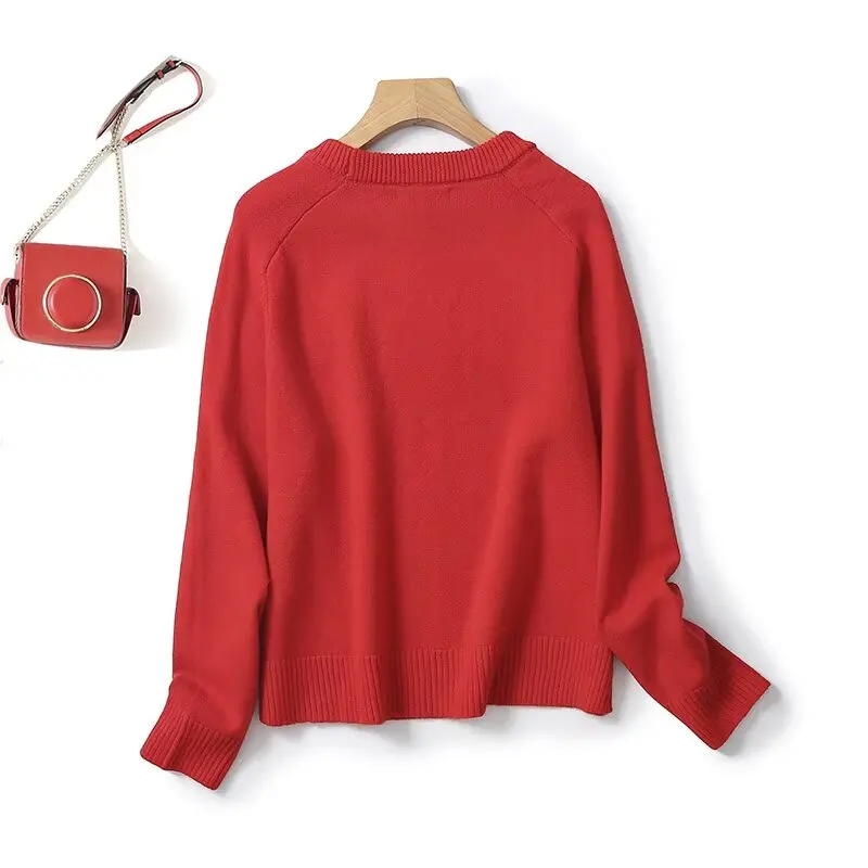 Donne 2023 nuova moda ritagliata rosso solido Casual maglione lavorato a maglia Vintage O collo manica lunga pullover femminili Chic top