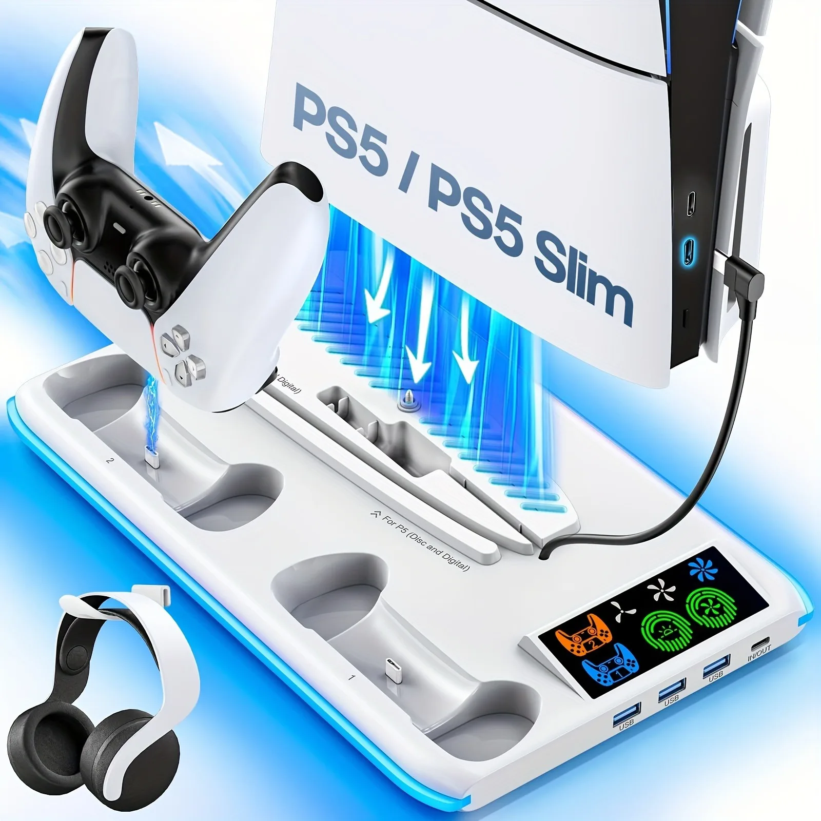 

Тонкая подставка для PS5/PS5 с крючком для наушников, охлаждающая подставка с контроллером, зарядная станция для PS5 с 3-уровневым охлаждающим вентилятором