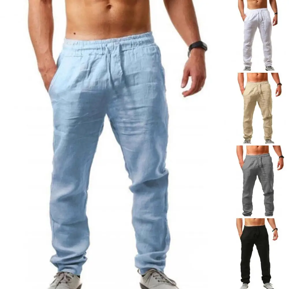 

Men's Cotton Linen Long Pants Summer Solid Color Breathable Linen Trousers Male Casual Elastic Waist Casual Pants Harajuku Trous