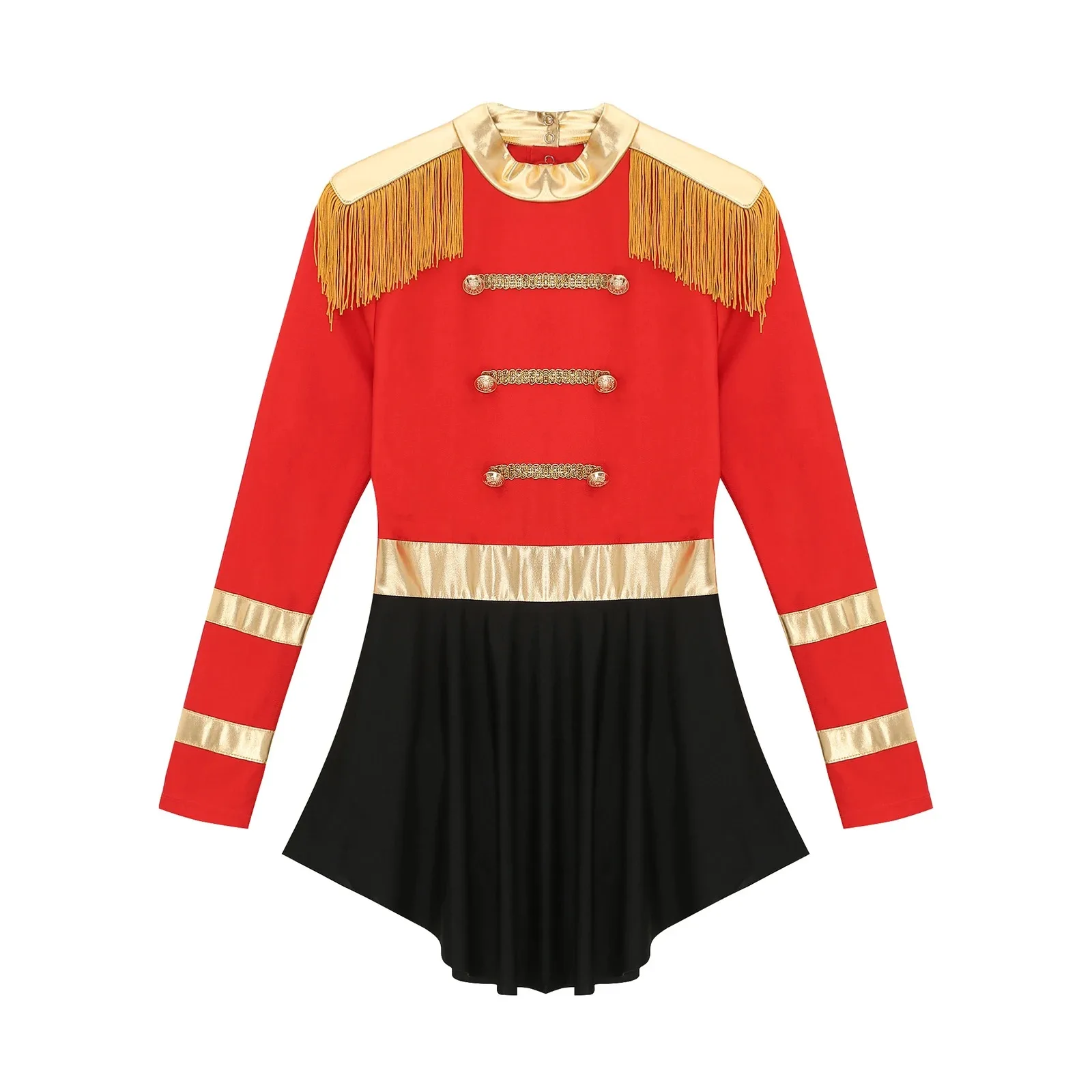 Red Womens Circus Cosplay Costumes Ringmaster Bodysuit Dress Fringe Shoulder Boards Keyhole Long Sleeve Dress