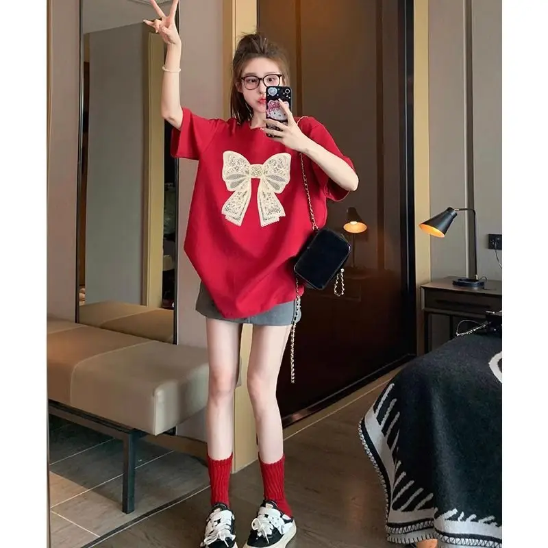 

Pure Cotton Red Round Neck Loose T-shirt Women's Spring and Summer Retro Short-sleeved College Style Women's Top in 2025