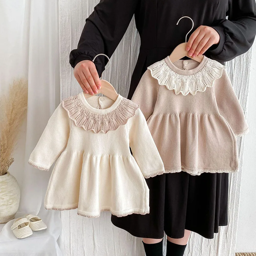 2026 Autumn New Girl's Knitted Dress Children's Sweet Lotus Leaf Collar Sweater A-line Princess Dress Kid's Clothing