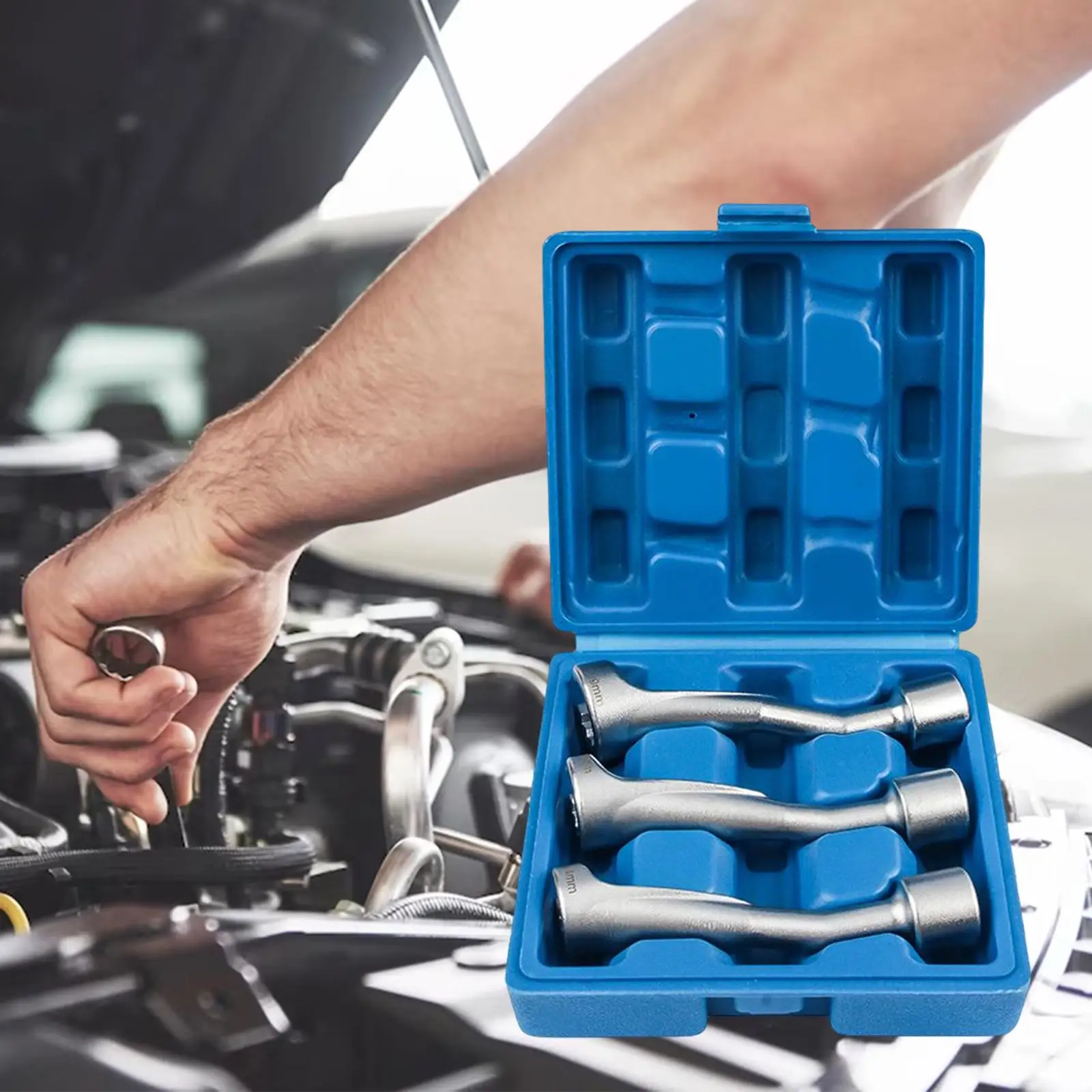 3 Pieces Fuel Injector Socket Wrench Set with Storage Box Spanner Socket Heavy Duty Portable for Automotive Accessories