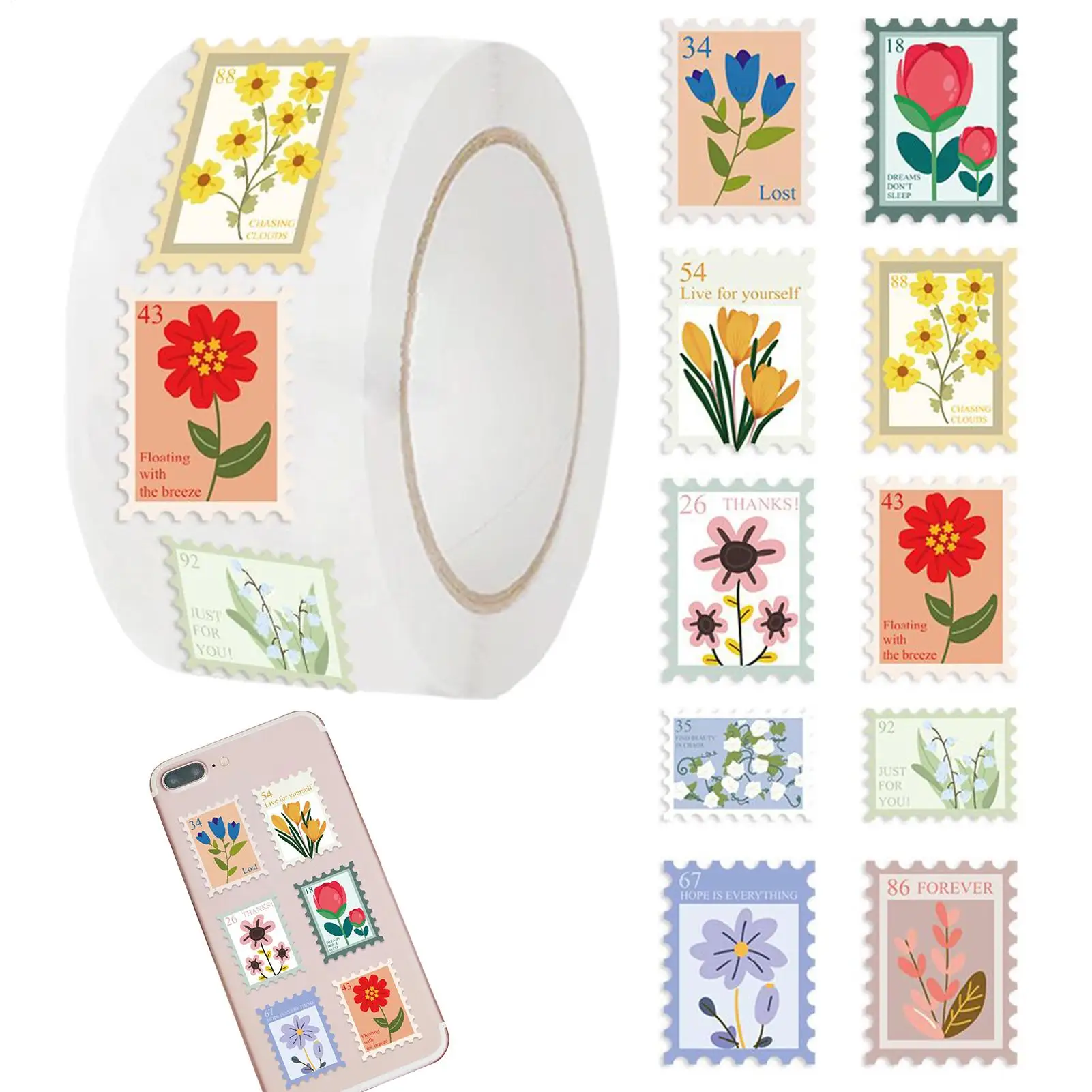 500 Stück Blumen-Stempel Aufkleber-Rolle Selbstklebende Cartoon-Sticker für Scrapbooking, Graffiti, Café, DIY, Handy, Geschenke, Dekorationen