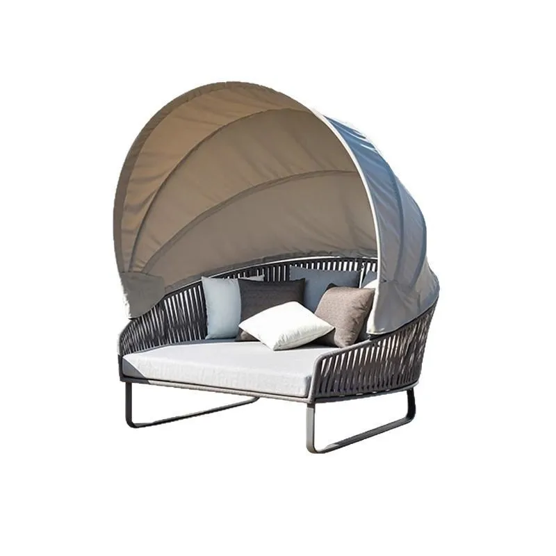 Outdoor bed recliner with canopy, waterproof and sunscreen outdoor round bed, beach rattan bed