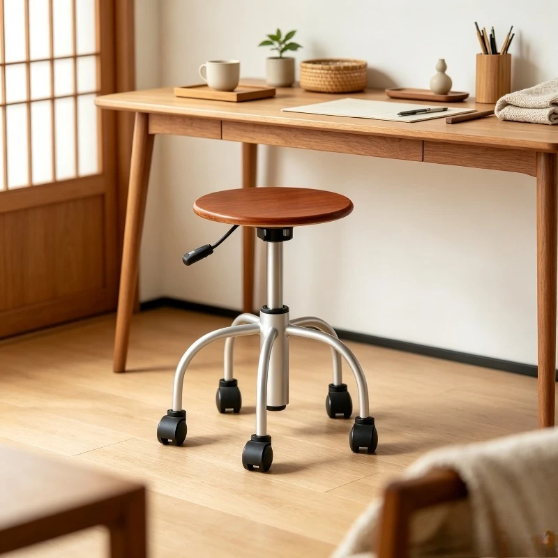 Retro Wooden Rolling Stool with Casters, Swivel Low Seat on Silent Wheels, Versatile Round Bench for Living Room Home.