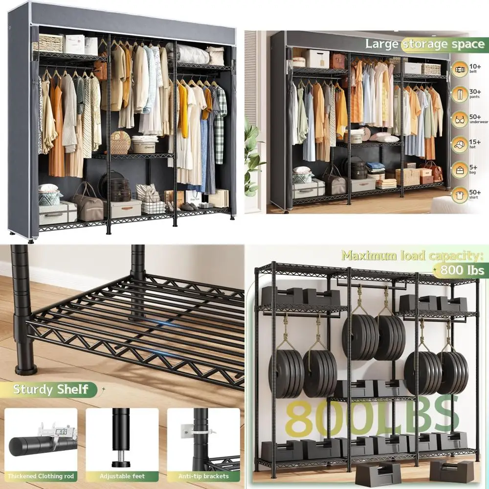 sturdy 800 lbs capacity clothes rack with cover, portable closet organizer for bedroom, 56
