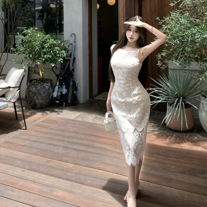 Design Sensation Zachte Kanten Dr met Ingebouwde Bh Pad Afslanken Dames Faion Zomer 2025, Koreaanse Sle Hoge Taille Lange Rok