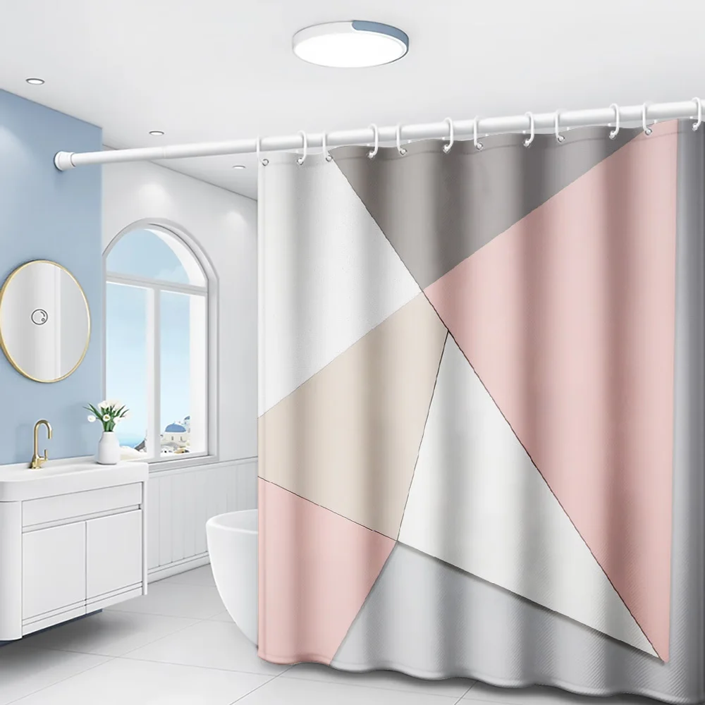 1pc Geometric Patchwork Pink White Gray Easy Printed Shower Curtain, Modern Art Style Bathroom Home Decor with Plastic Hooks, Su