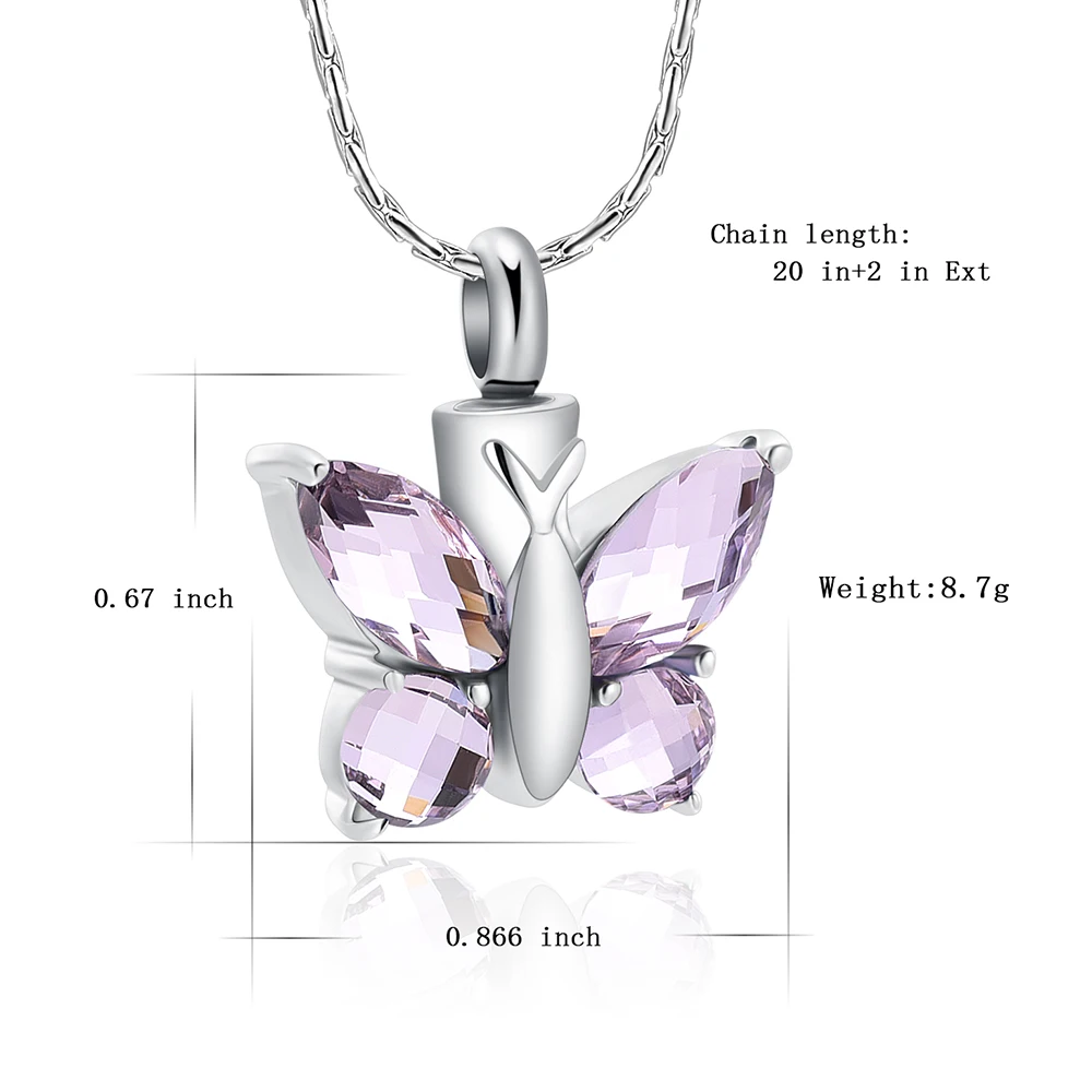 Fashion Crystal Butterfly Pendant Necklace Cremation Urn Purple/Blue/Red/Green/Pink Color Memorial Jewelry cremains Keepsake