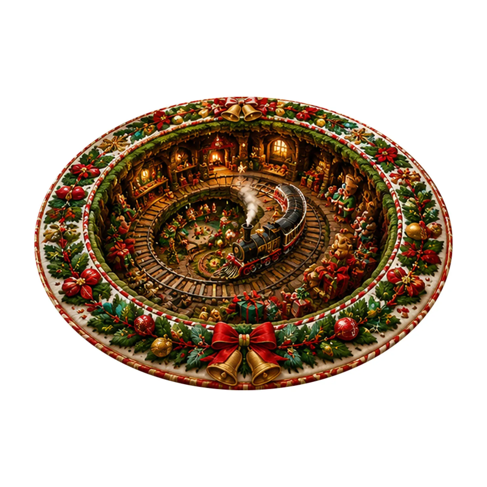 VIKAMA Steampunk Christmas Round Rug Clock Gears Santa Sleigh Reindeer Beaded Quilted Plush Non Slip Soft Rug for Living Room