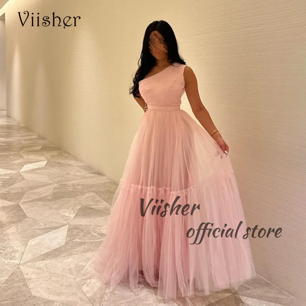 Viisher Pink Tulle One Shoulder Evening Dresses for Women A Line Long Formal Prom Dress Dubai Celebrate Event Gowns