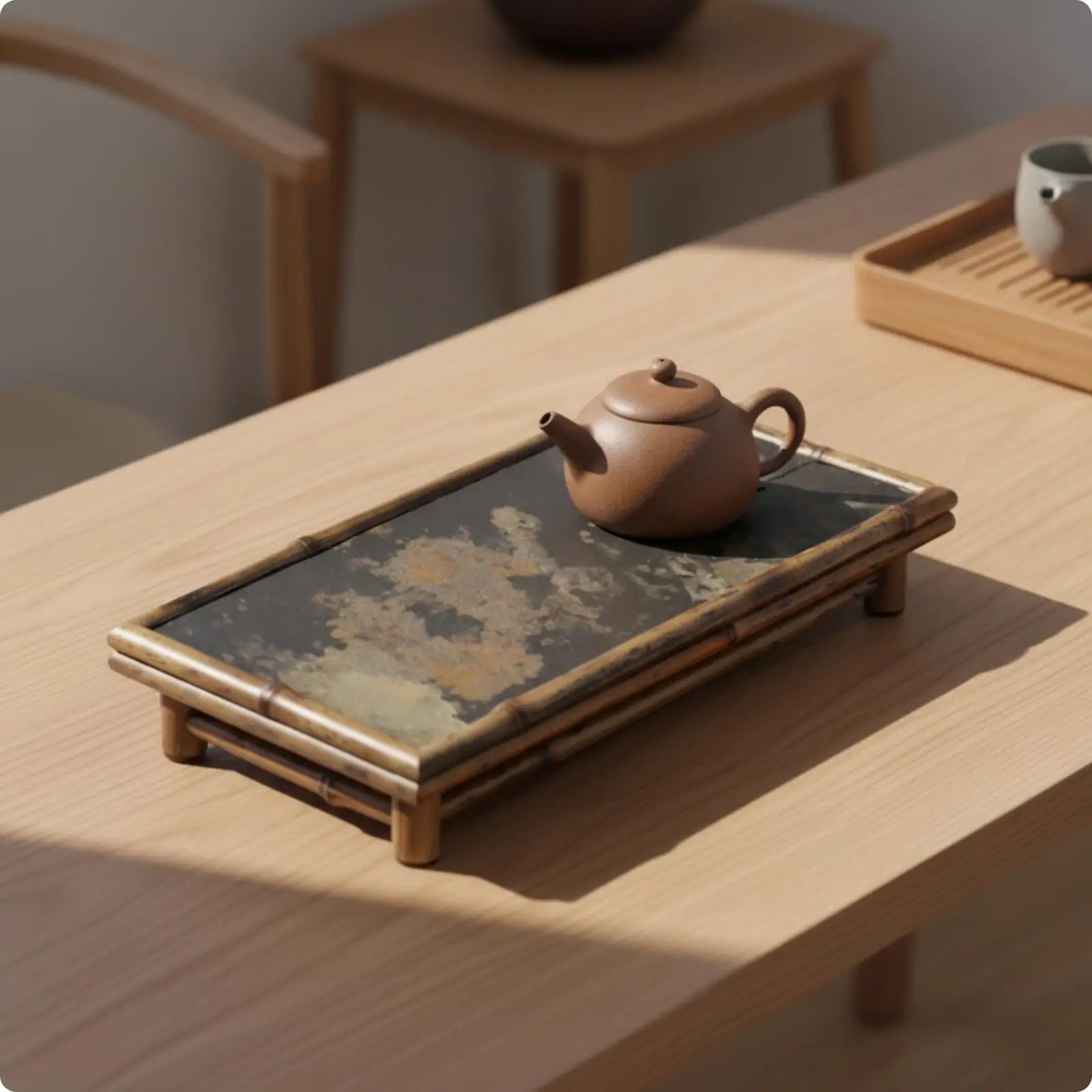 Bamboo Rectangular Serving Tray for Tea Pair and Teapot with Rustic Charm Decor