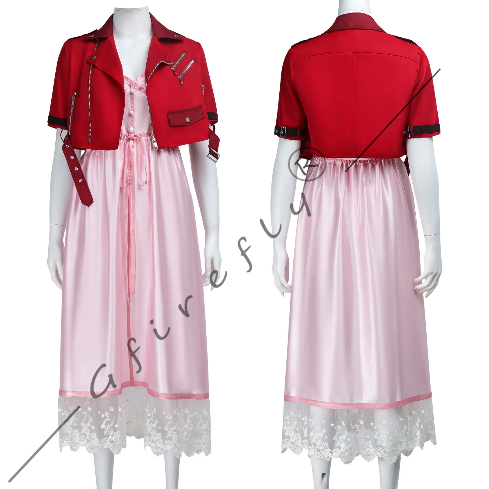 ゲームファイナルファンタジー VII エアリス・ゲインズブールコスプレ衣装 FF7 キャラクターピンクドレスコートウィッグセットハロウィンパーティーコスチューム