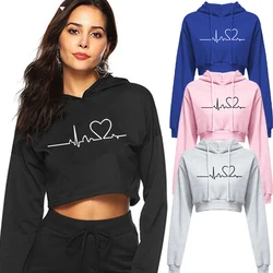 Women's Hooded Sweaters Hoodies Solid Color Long Sleeve ECG Prited Cropped Hooded Pullover