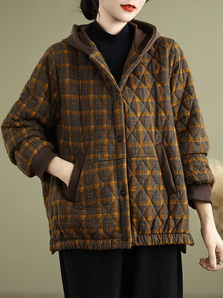 

Новая женская зимняя куртка свободного кроя в клетку с капюшоном, утепленная, маленького размера, очень теплая, хлопковая, в стиле ретро