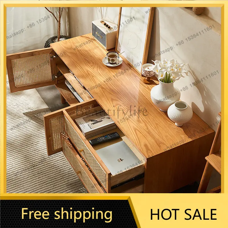 LD rattan solid wood TV cabinet modern simple living room storage cabinet