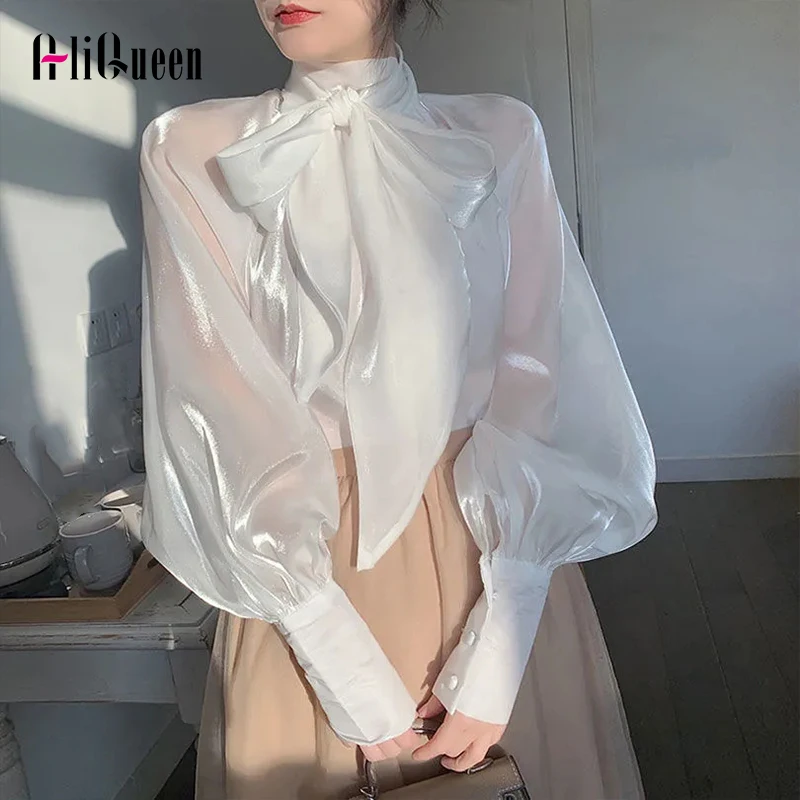 

Spring Summer Women Shirt Lantern Sleeve Elegant Black Blouses Ladies Korean Fashion White Bowneck Casual Loose Shirts Tops