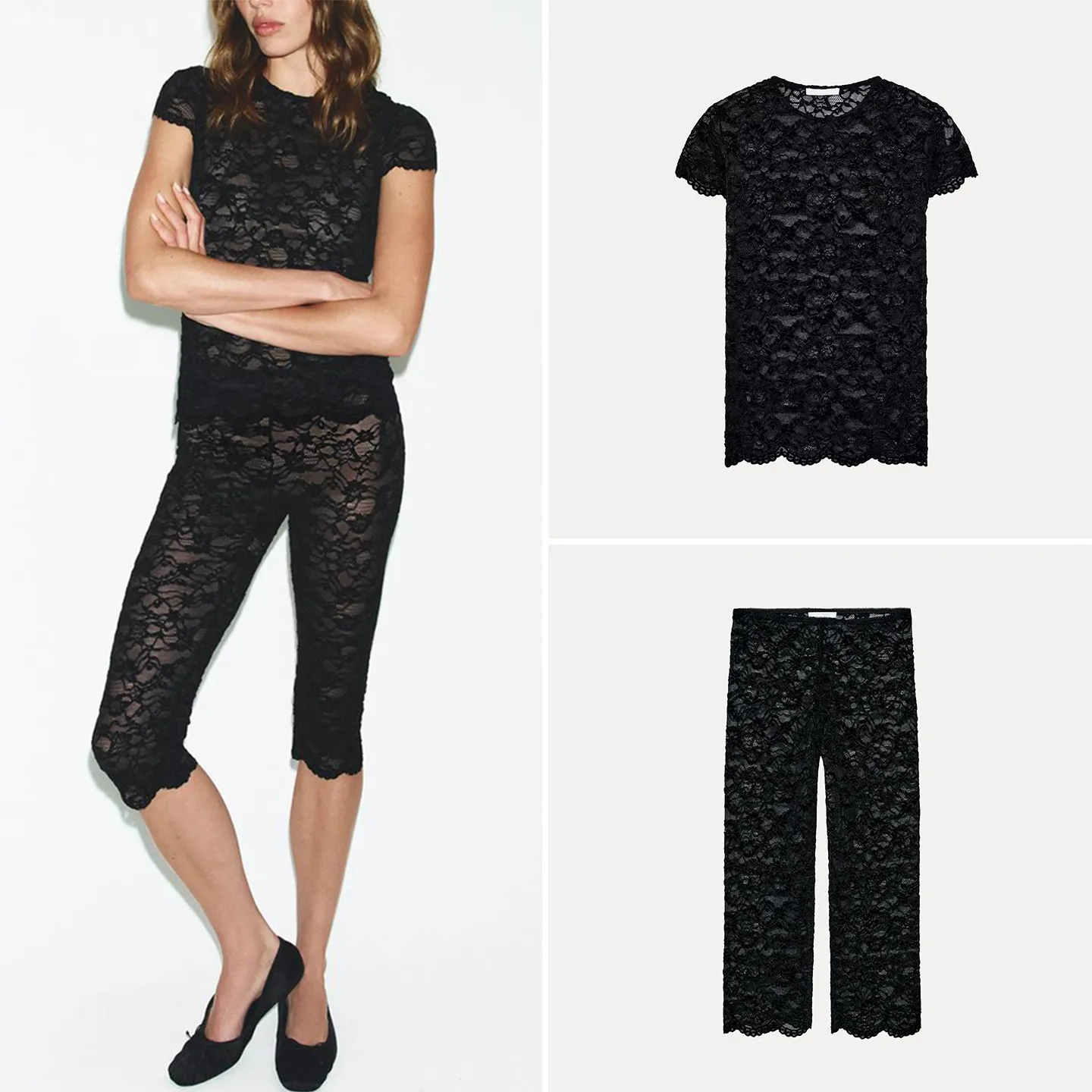 

Spring 2026 Women's round Neck Lace Short Sleeve T-Shirt And High Waist Seven Length Pants Fashion Set High Waist Slim Fit