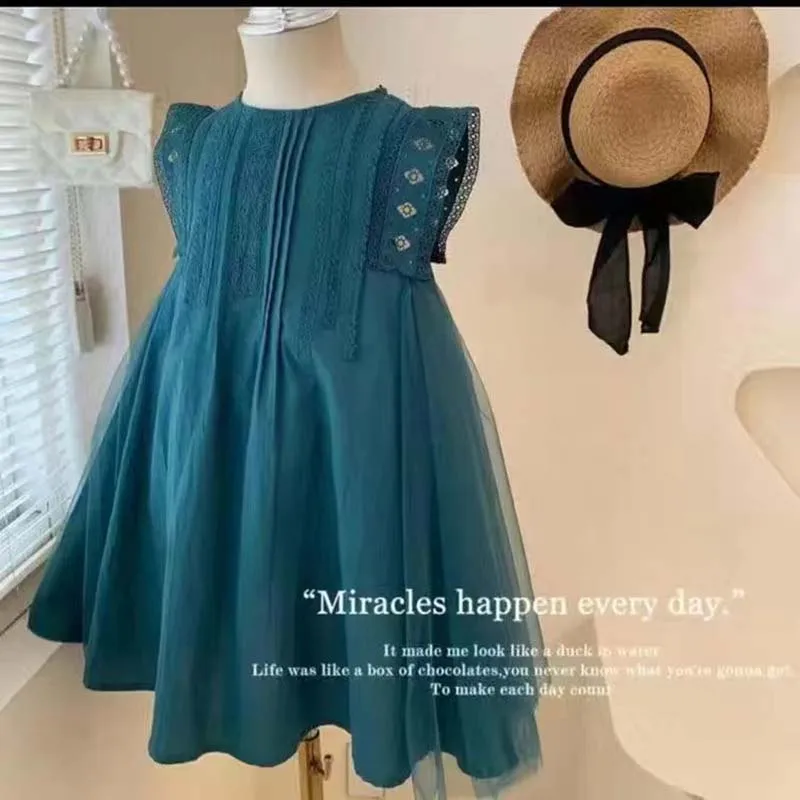 Baby Girls Dress Casual Patchwork Clothes Summer 2023 New Korean Cotton Linen Girls Princess Dress O-neck Collar Ruched Dress