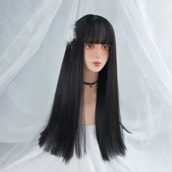 Cosplay Wig With Bangs Synthetic Straight Hair 24 Inch Long Heat-Resistant Black Pink Wig For Women