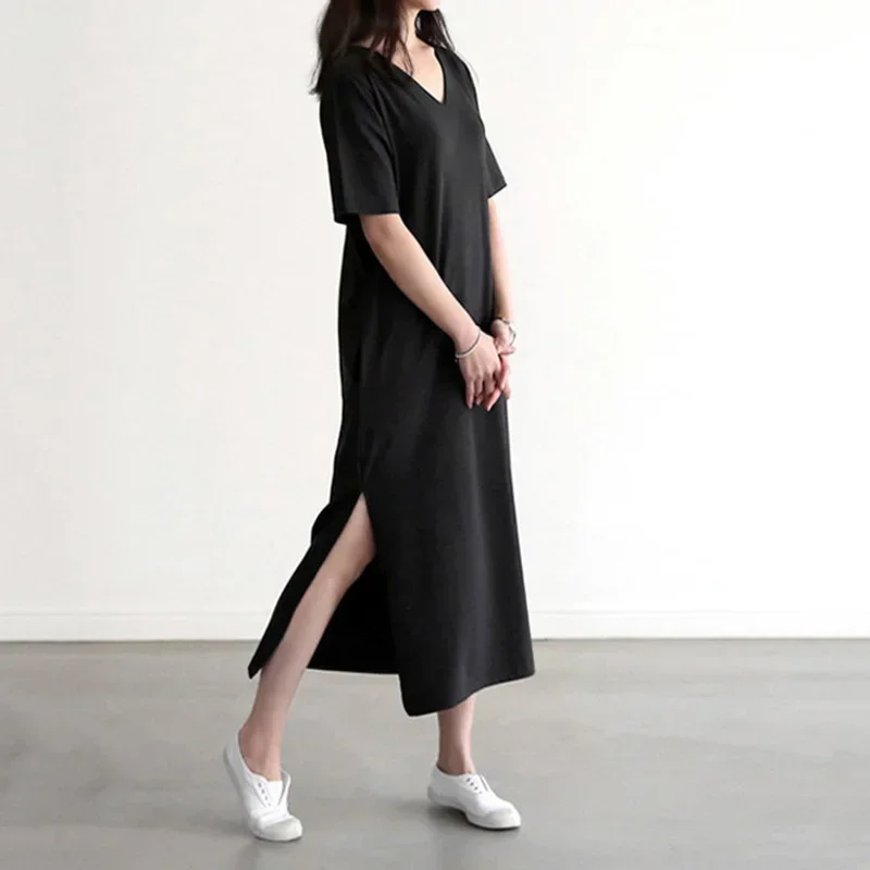 

Soft Modal Sexy V-neck Women Summer Dress Casual Short Sleeve Split Out Long Dresses With Pockets WL56