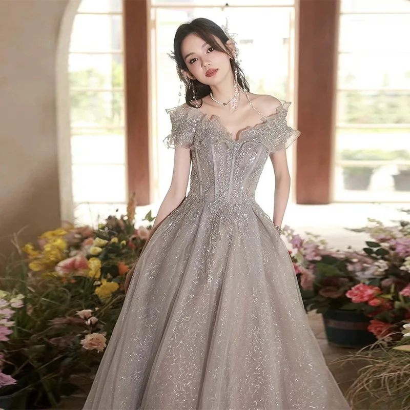 Evening Dress New French Style off-shoulder Elegant Princess Style Birthday Adult Ceremony dress летнее платье больших размеров