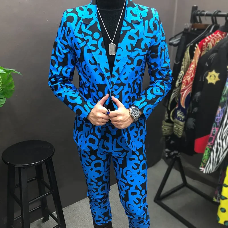 Streetwear Blue Letter Contrast Pattern Hip Hop Singer Dancer Coat Stage Costumes Men Nightclub Stage Singer DJ Male Slim Suit