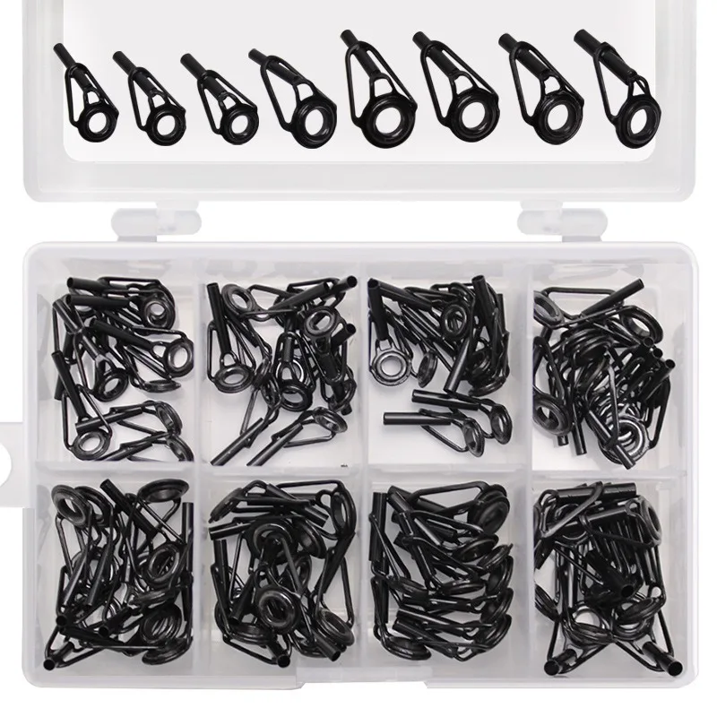 8/16/80Pcs Black Top Tip Guide Stainless Steel Frame for Spinning Casting Fishing Rod Building Repair Eye Line Ring