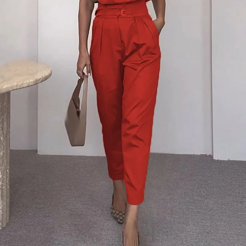 Spring Summer Sleeveless Two Piece Set Women High Neck Tank Top Pullover & Tie-up Pants Outfit Casual Solid Office Straight Suit