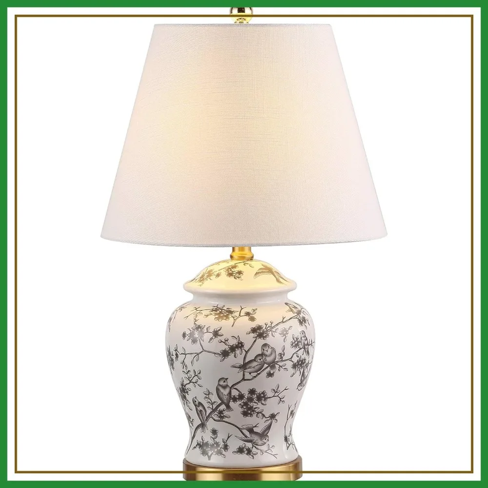 French Country Chinoiserie Ginger Jar LED Table Lamp, Gray/White Ceramic, White Linen Shade for Living Room Bedroom