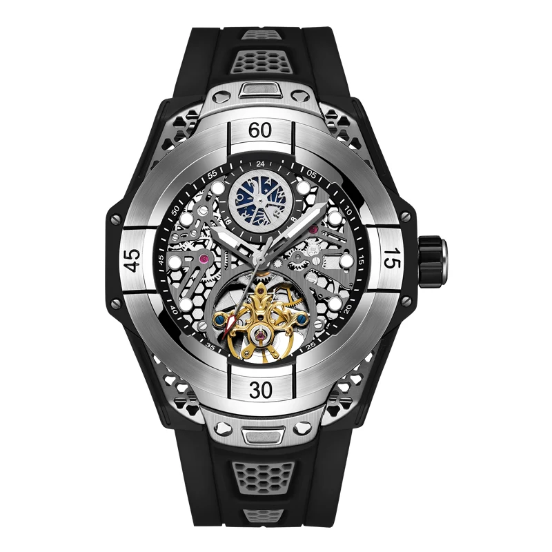 HANBORO Men Luxury Watch 42mm Fashion Automatic Mechanical Wristwatch Sport Waterproof Luminous Rubber Strap Skeleton