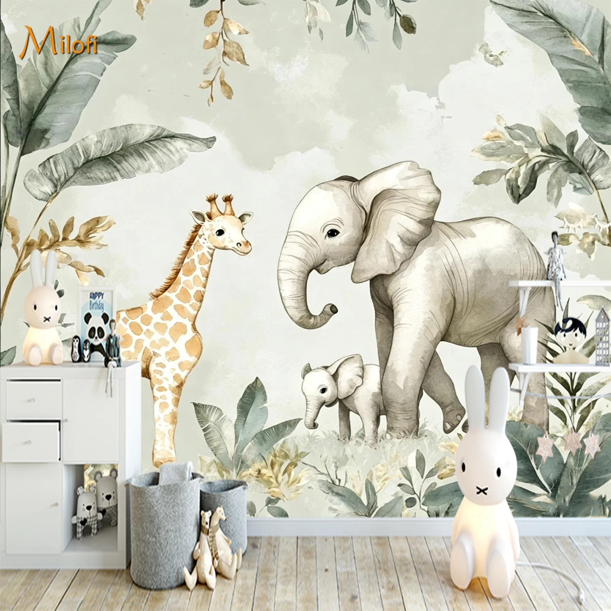 Baby Nursery Peel And Stick Wallpaper - Personalizowana akwarelowa fototapeta z motywem safari