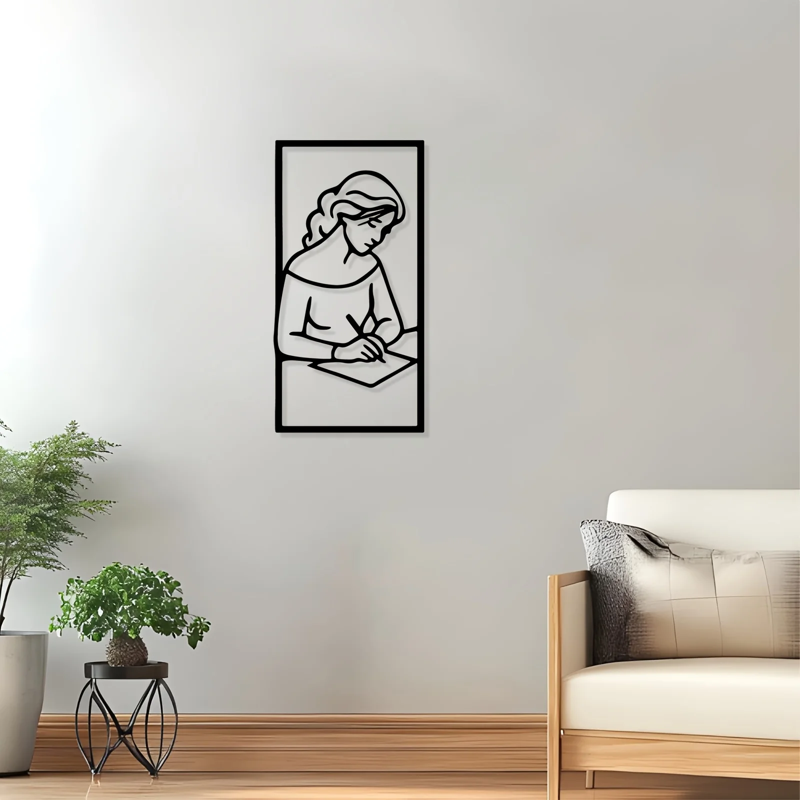 Elegant Writing Woman Metal Wall Art, 2D Flat Laser‑Cut Iron Silhouette, Rust‑Resistant Powder‑Coated Wall Sculpture, Mural