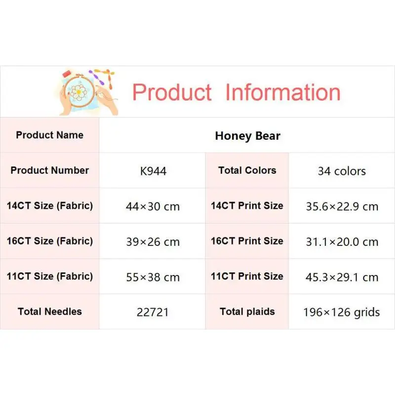 Honey Bear Cartoon Pattern Cross Stitch Kit Aida 14ct 16ct 11ct Counted Printed Canvas Fabric Embroidery Set DIY Kids Room Decor