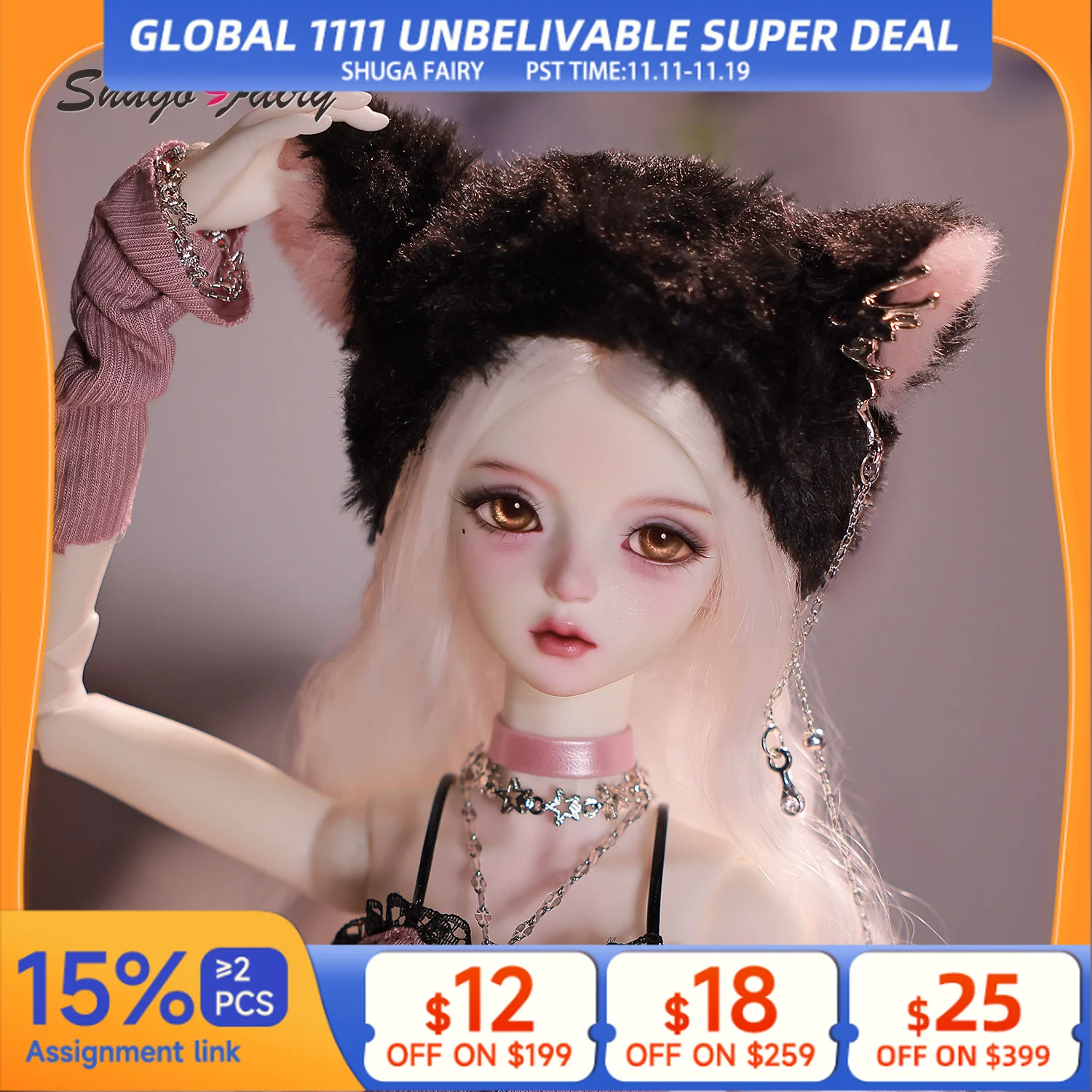 

Y2K Cozy Core BJD Doll Shugafairy 1/4 Celia N Sweet & Edgy Punk Girl с розовым трикотажем Полный комплект с модой и париком