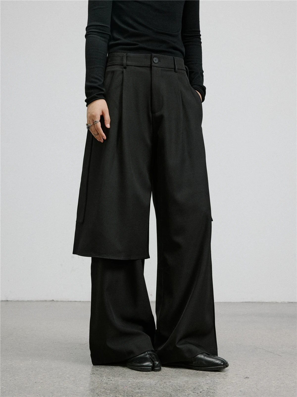 Sunyvonne Asymmetric Double Layer Wide Leg Pants Loose Casual Suit Pants Black  Deconstructed Style Women's Fashion