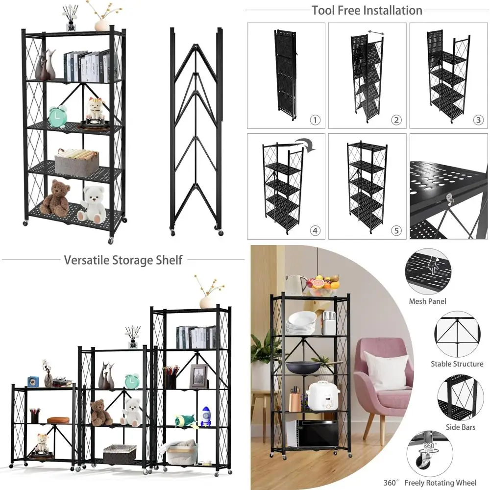 

Портативная 5-ярусная стальная складная полка с колесиками, складная универсальная стойка для кухни, кладовой, офиса, черная