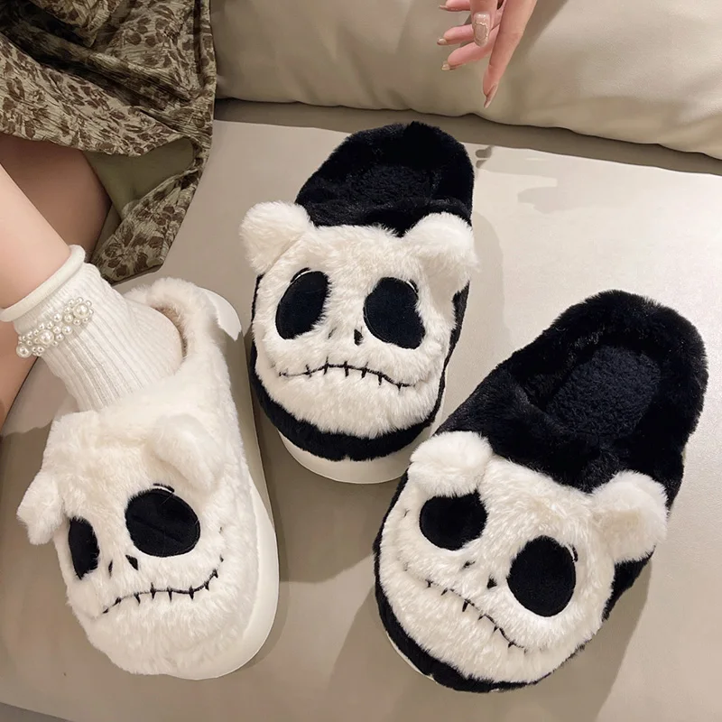 Winter Women Fur Comfortable Shoes Ghost Skeleton Design Slippers Warm Soft Cute Indoor Home Slippers Casual Shoe Female 36-41