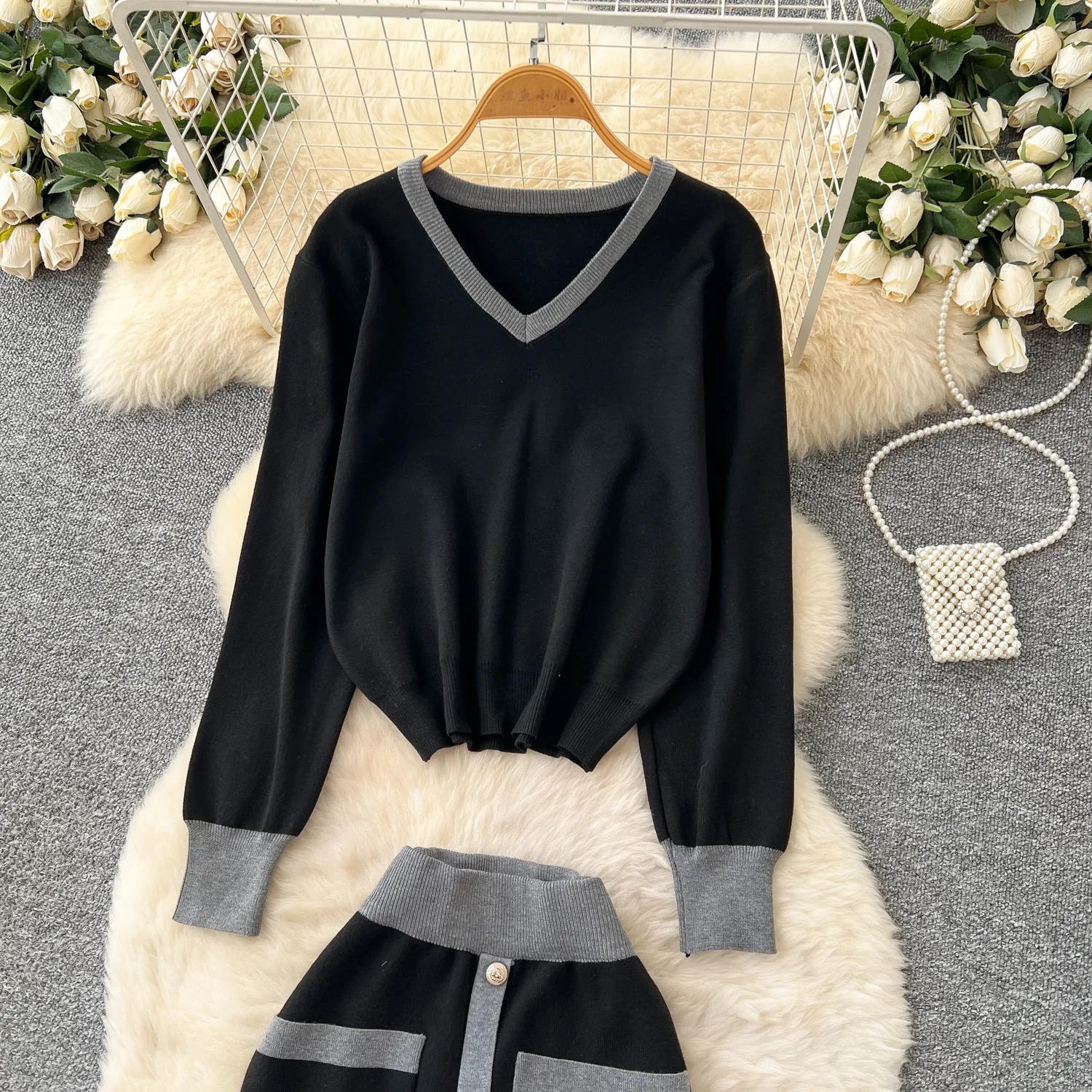 تنورة مجموعة النساء قطعتين مجموعات الخامس الرقبة كم كامل متماسكة القمم التنانير الطويلة مرونة الخصر Y2k الشارع الشهير العمل سليم صالح الخريف الشتاء #2