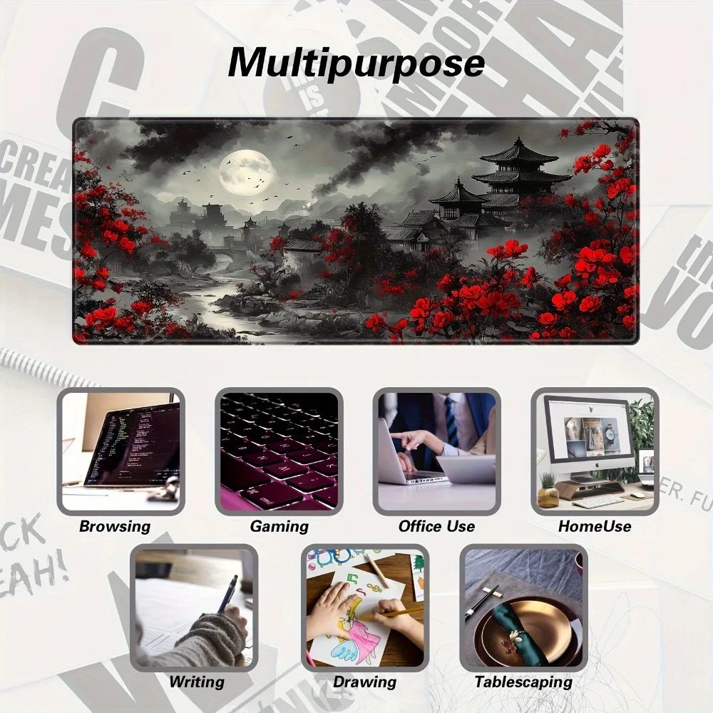 Japanesestyle gaming mouse pad and keyboard pad Designed with cherry blossoms by the river full moon tower motif tapis de souris