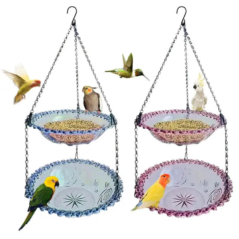 Birdbath Bowl Clear Large Bird Bath Outdoor Bird Feeder Double Layers Bird Feeder Bowl Metal Chain Weatherproof Garden Decor