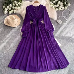 2024 New Elegant Autumn Purple Chiffon Long Dress French Women's Sexy V Neck Lantern Sleeve Folds High Waist Slim Party Vestidos