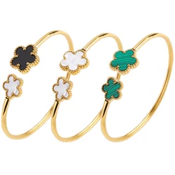 Gold-Plated Stainless Steel Five-Leaf Flower Open Bangle Luxury For Woman Girl Party Lucky Jewelry Accessories Daily Wear Clover