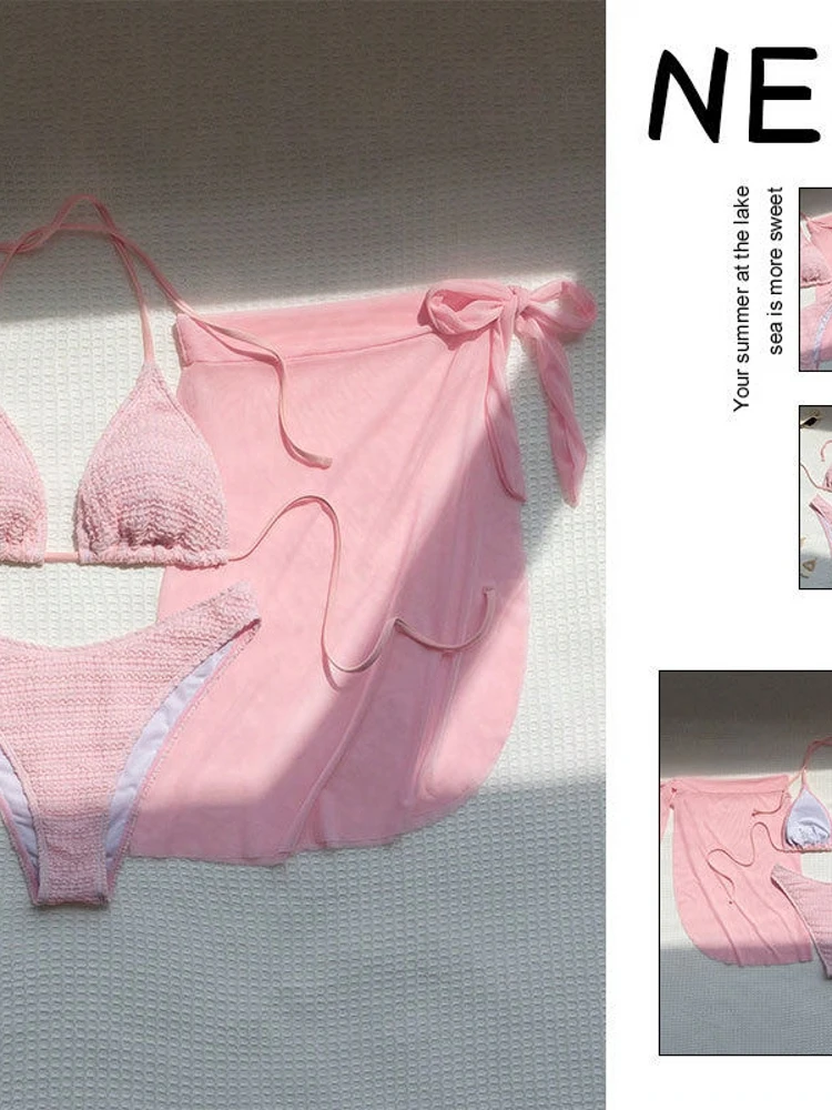 

Sexy Bikini Swimwear Pure Color Mesh Three-piece Set Beach Sand Bathing Suit Women's String Tie Casual Surfing Swimsuit with ...