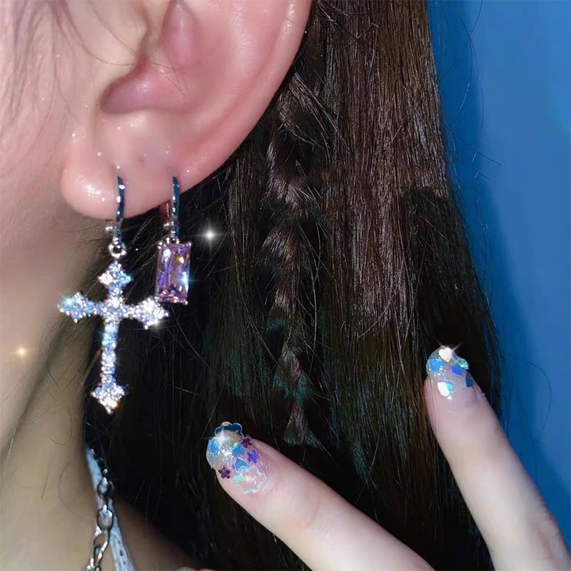 Y2K Gothic Rhinestone Cross Earrings Kpop Purple Zircon Cross Drop Earring for Women Grunge Egirl Earrings Jewelry Accessories