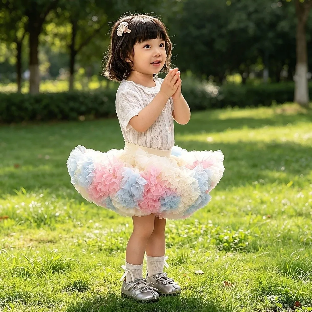 Fluffy Layers Girls Tutu Skirt Elastic Waist Lightweight Pettiskirt Thin Style High Volume Tulle Half Skirt Birthday Party